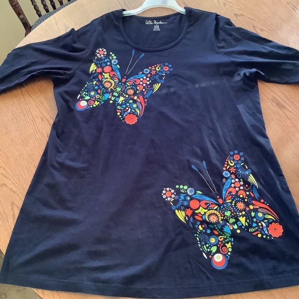 Ulla Popken Butterfly Print Cotton Black Tee Shirt Dress Size 16/18 EUC